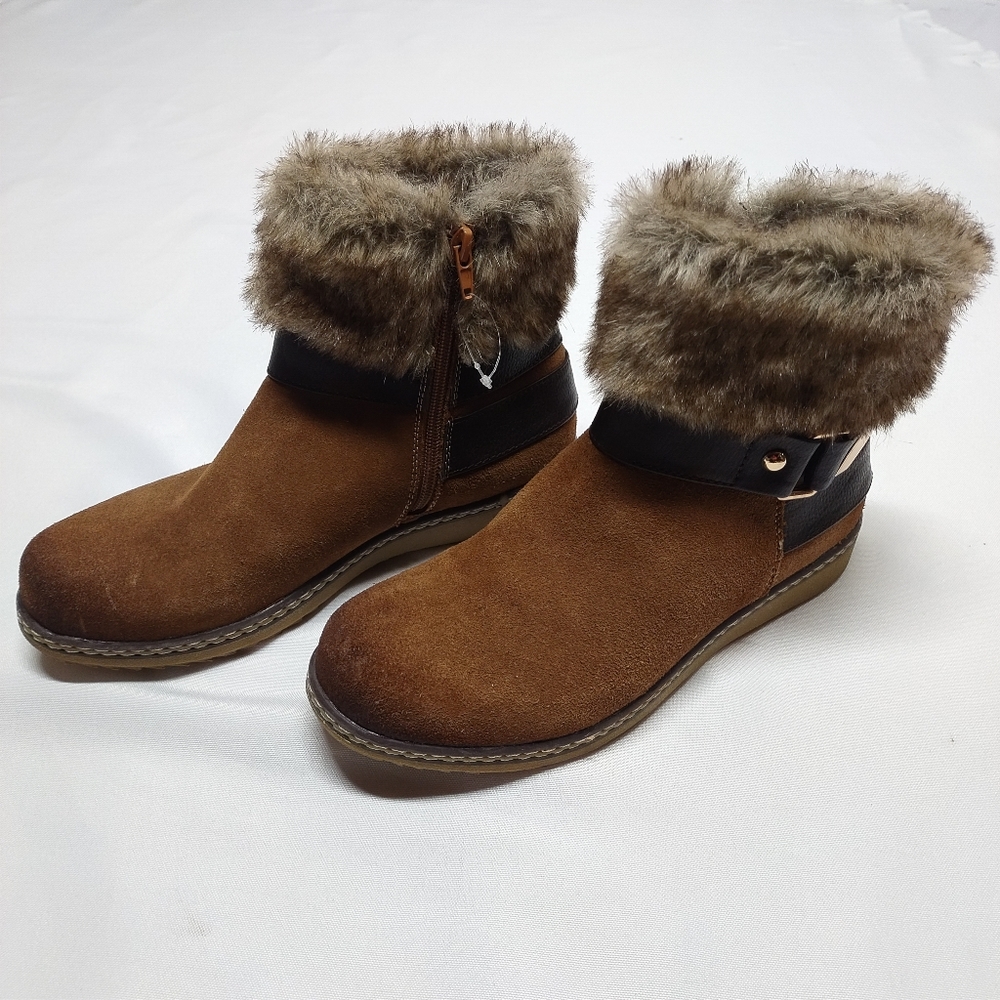 Spring Step Brown Suede Ankle Boots with Faux Fur Trim